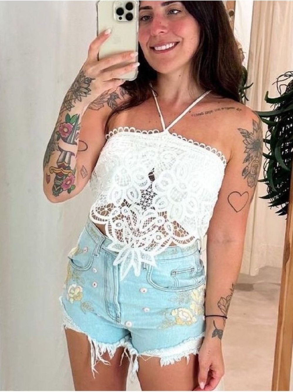 FARM Rio White Guipure Lace Halter Crop Top Size M